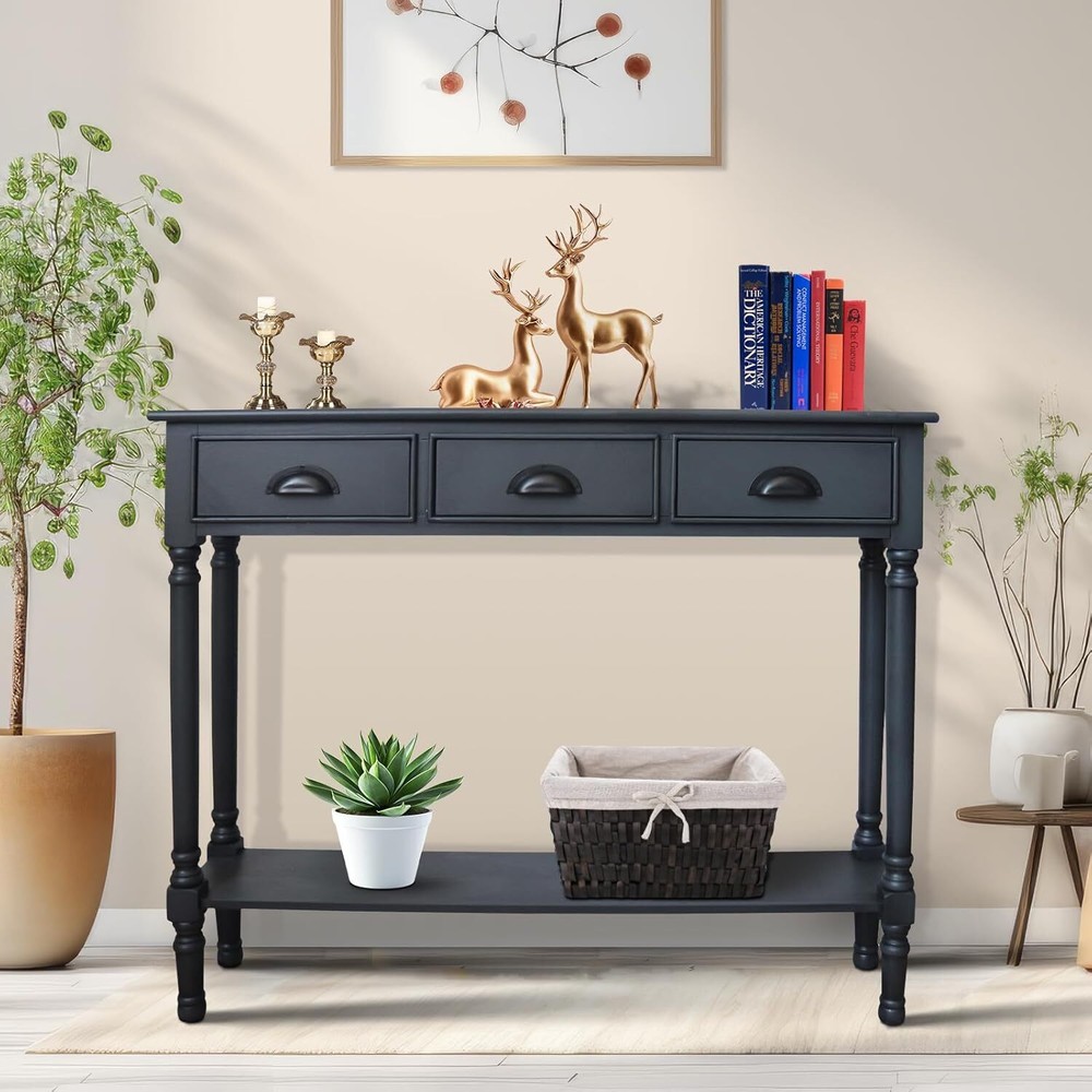 Modern Burlington Solid Wood Console Table with 3 Drawers, 9"D x 39.5"W x 32"H