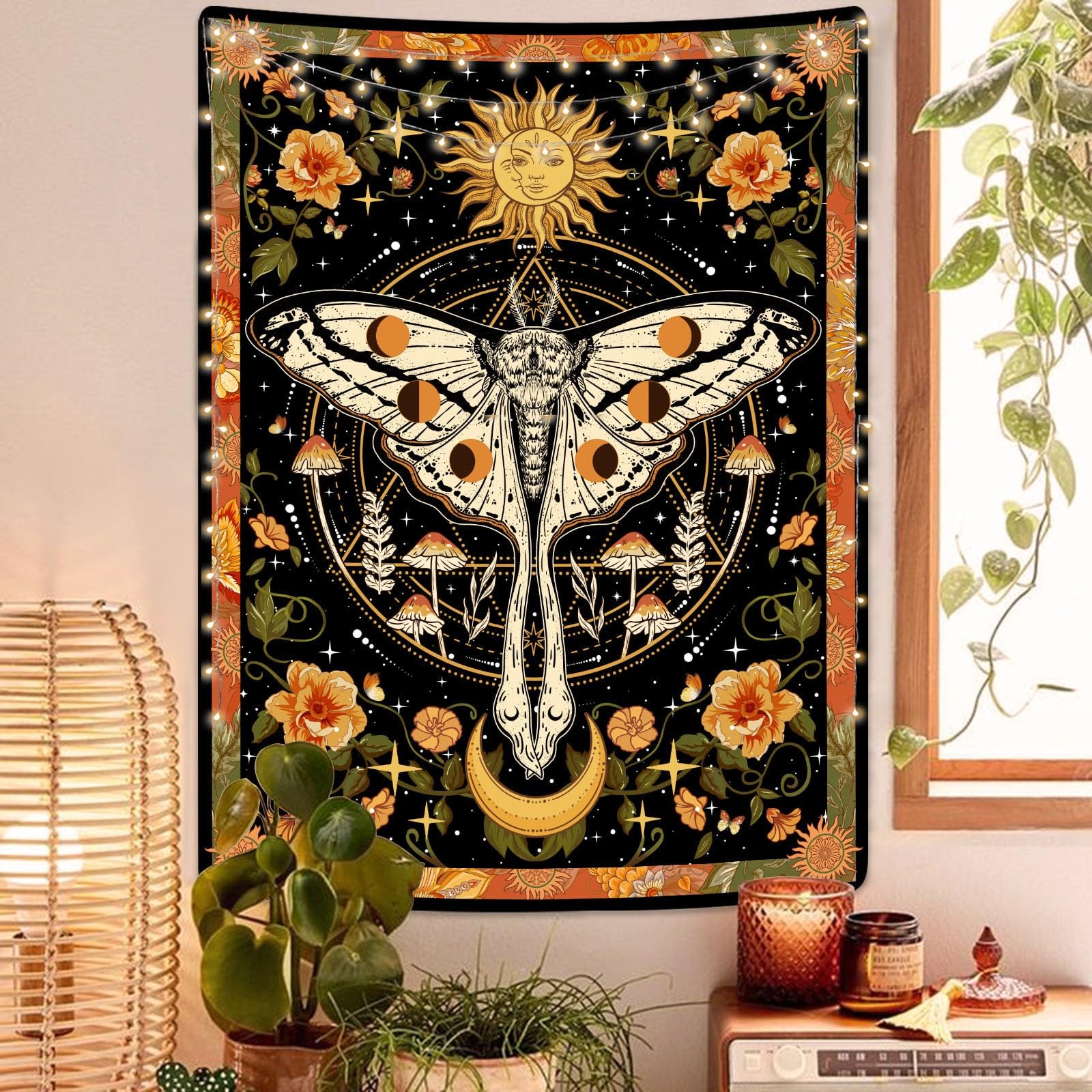 Orange Moth Tapestry Boho Retro Floral Flowers Tapestries Aesthetic Vintage M.. gallery