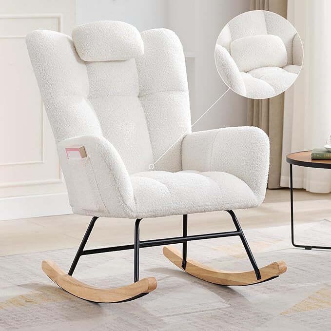 Nursery Rocking Chair Teddy Upholstered Padded Seat Rocking Chair High Backrest gallery
