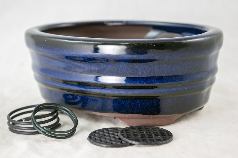 Oval Glazed Cactus & Succulent, Bonsai Pot with Mesh, Wire 6"x 4.5"x 2.5" - Blue gallery