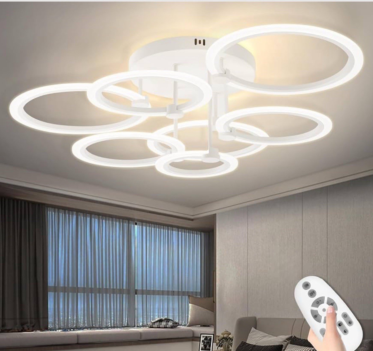 SEABLE Modern LED Ceiling Light 7 Rings Dimmable Fixture Remote 31.8” 130W Art gallery