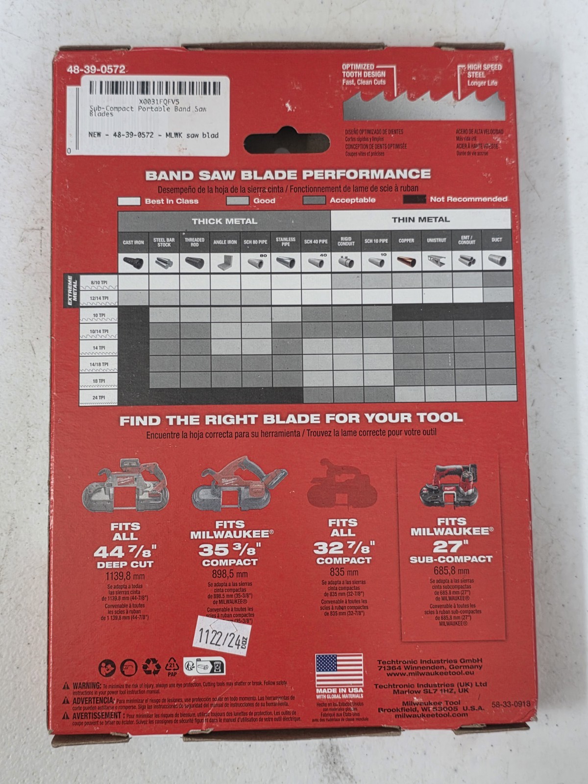 Milwaukee 48-39-0572 18 TPI Sub-Compact Portable Band Saw Blade, 3 Per Pack gallery