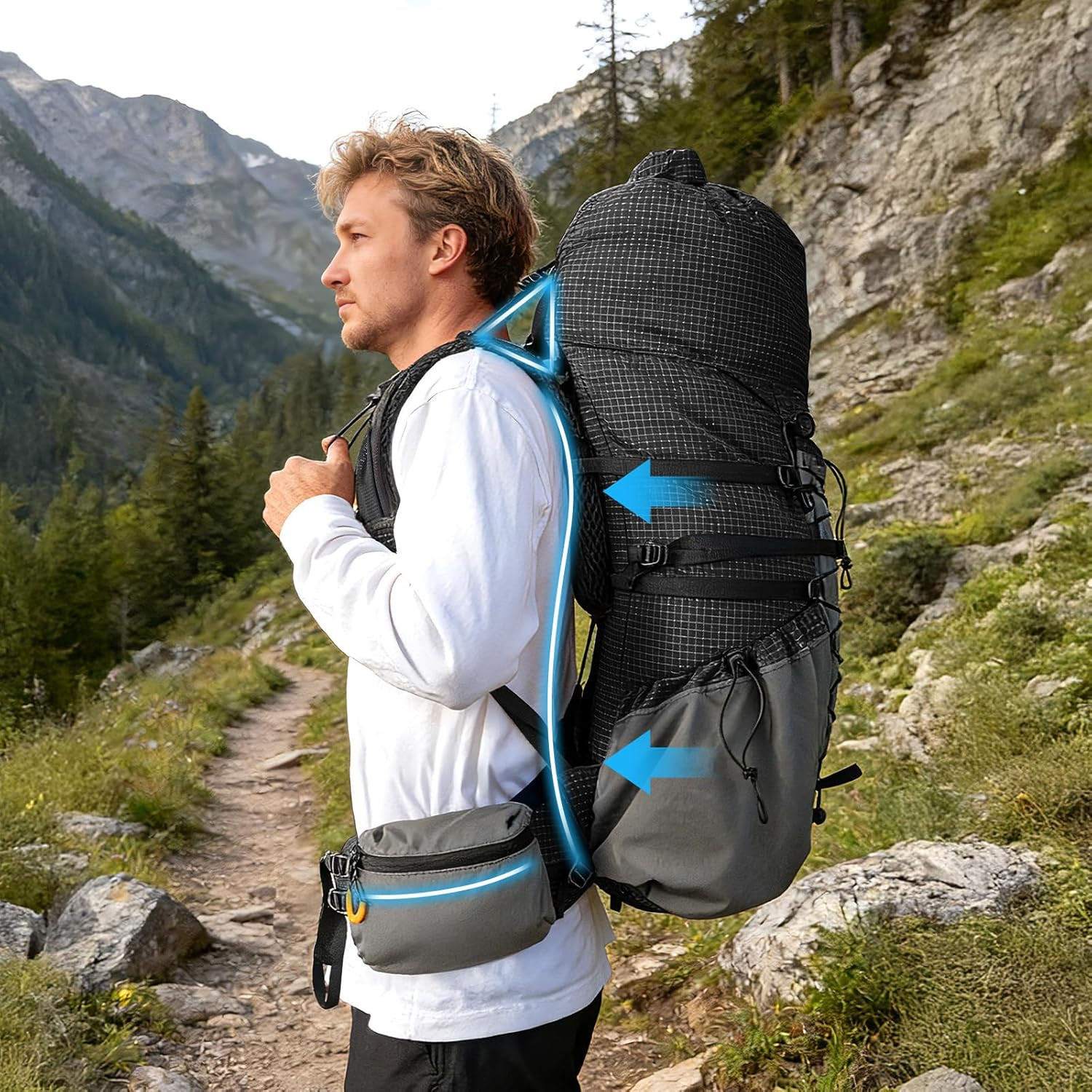 70L Lightweight Internal Frame Hiking Backpack with Rain Cover - Black 3