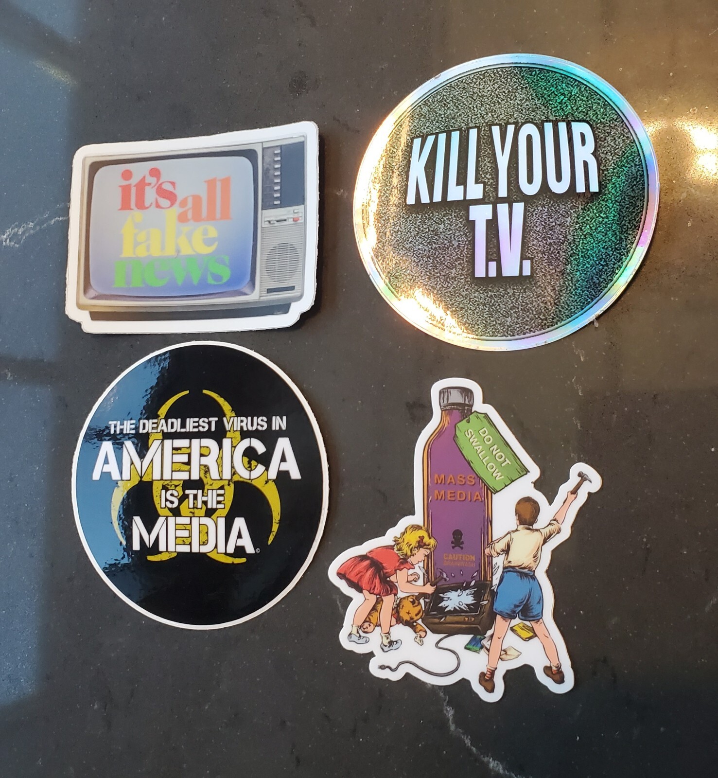 FAKE NEWS OPERATION MOCKINGBIRD STICKERS (4) VARIETY PACK 5-YEAR WARRANTY gallery