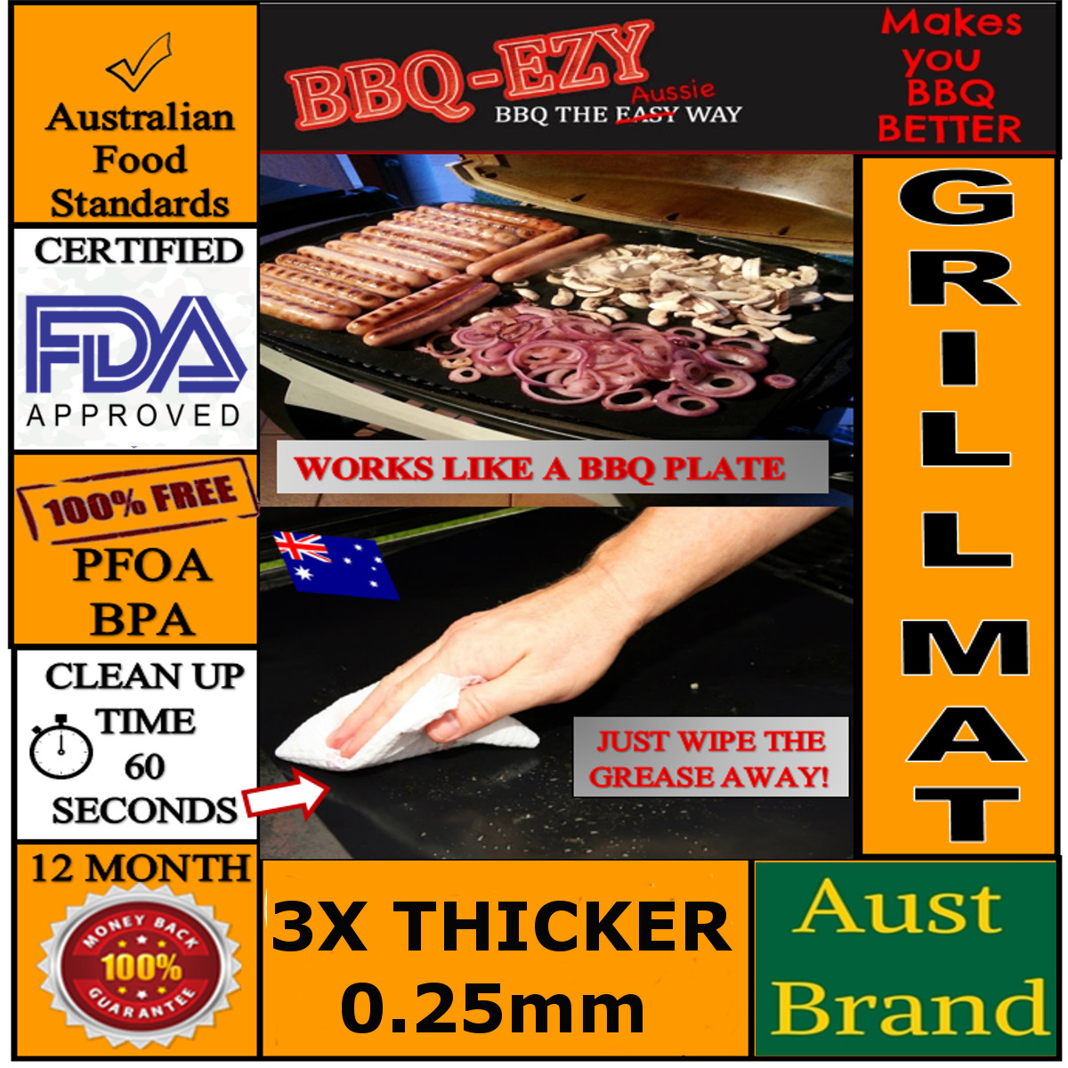 AUSSIE BBQ GRILL MAT RIGID (3 x Thicker) Reusable NonStick +Money Back Guarantee gallery