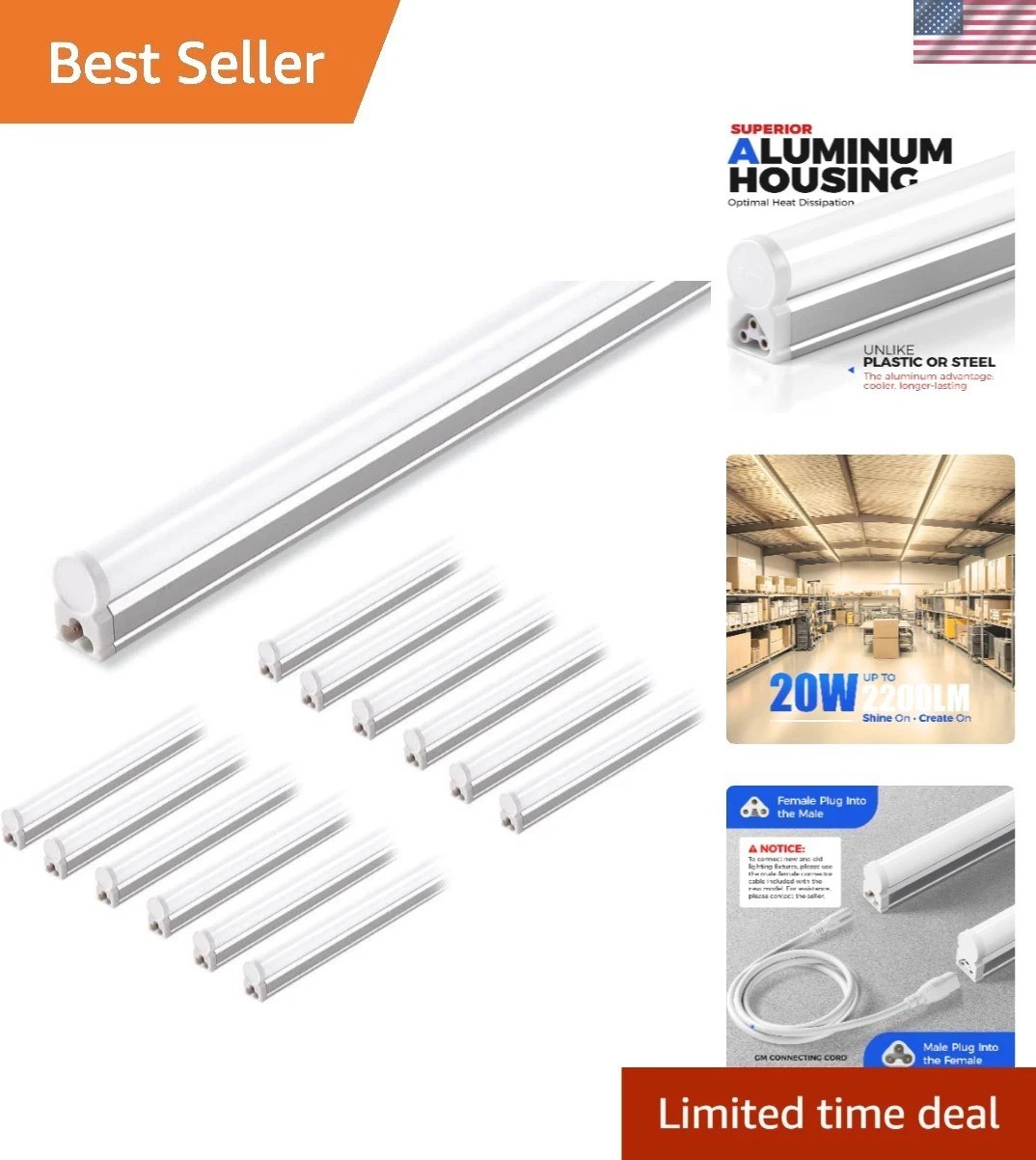 12 Pack T5 LED Shop Light 4FT, 3000K Warm White, 2200lm, 20W, Utility Linkabl... gallery