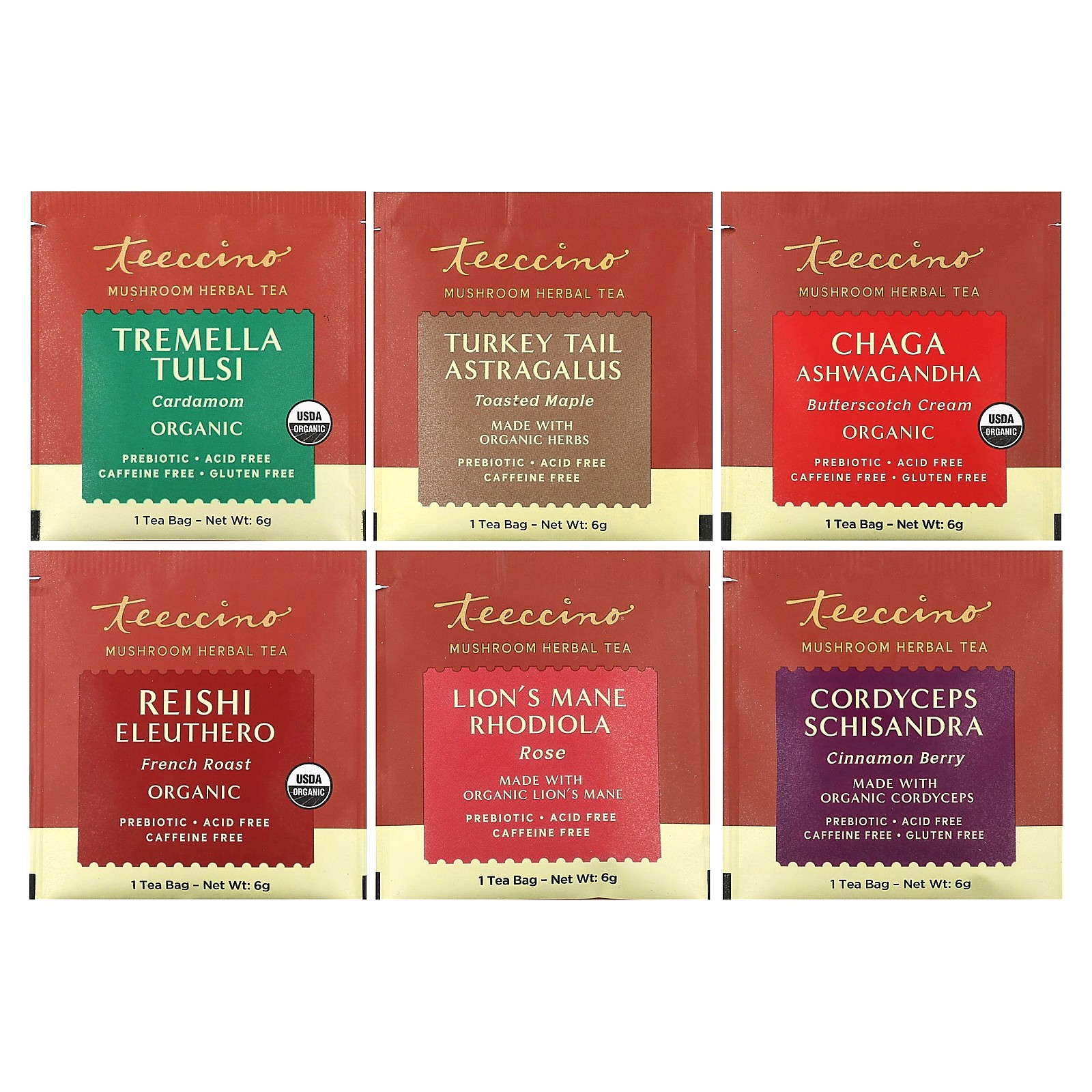 Mushroom Herbal Tea Sampler, 6 Flavors, Caffeine Free, 12 Tea Bags, 2.54 oz (72 gallery