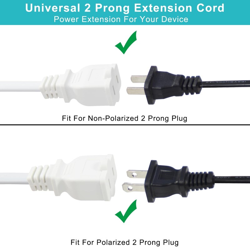 2FT Polarized 2Prong Extension Cord - White Replacement US AC Two Prong 13A 1... gallery