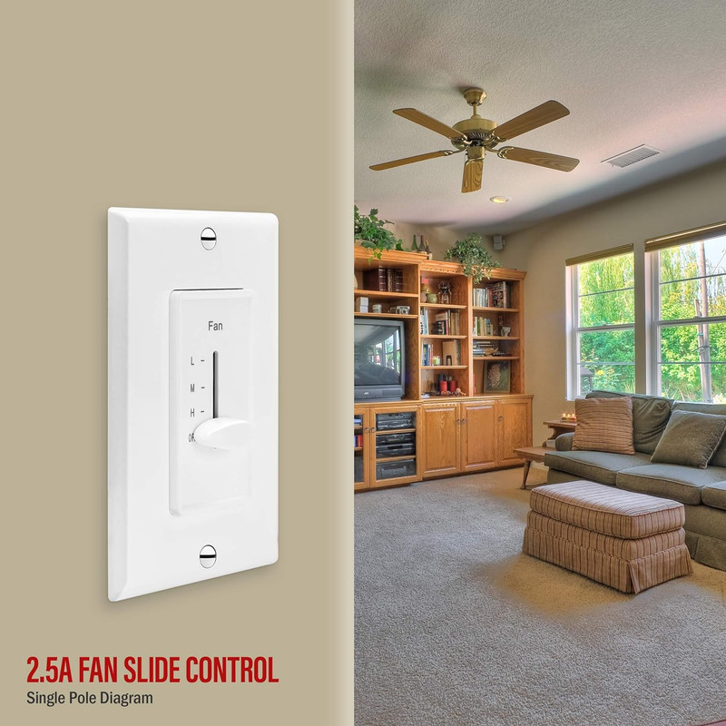 3 Speed in Wall Ceiling Fan Control, Slide Switch, 120VAC, 2.5A, Single-Pole, No gallery