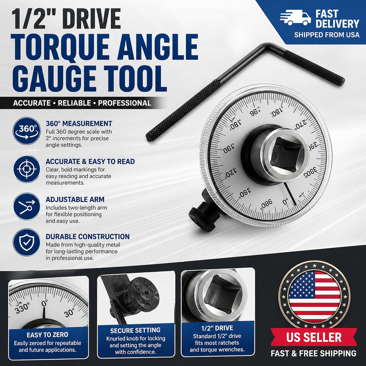 1/2 Drive Torque Angle Gauge 360° Adjustable Wrench Meter Tool Mechanic gallery