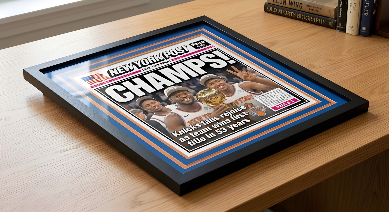 New York Post Frame, Blue & Orange Mat Border, Black Wood gallery