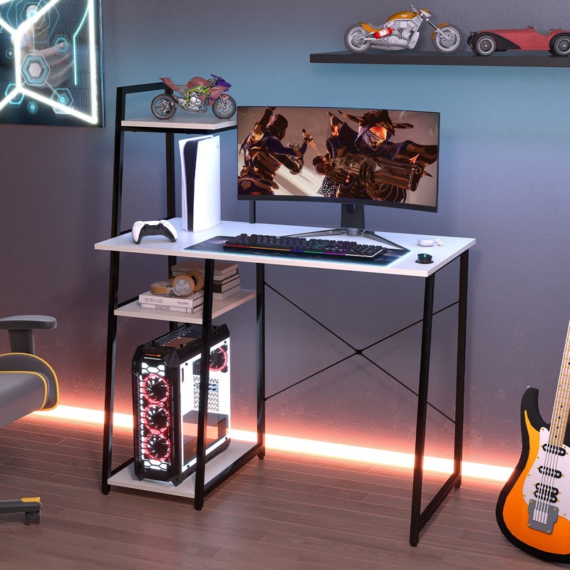Computer Desk w/ Shelves 3-Tier Storage Bookshelf Ladder-shaped Metal Frame gallery