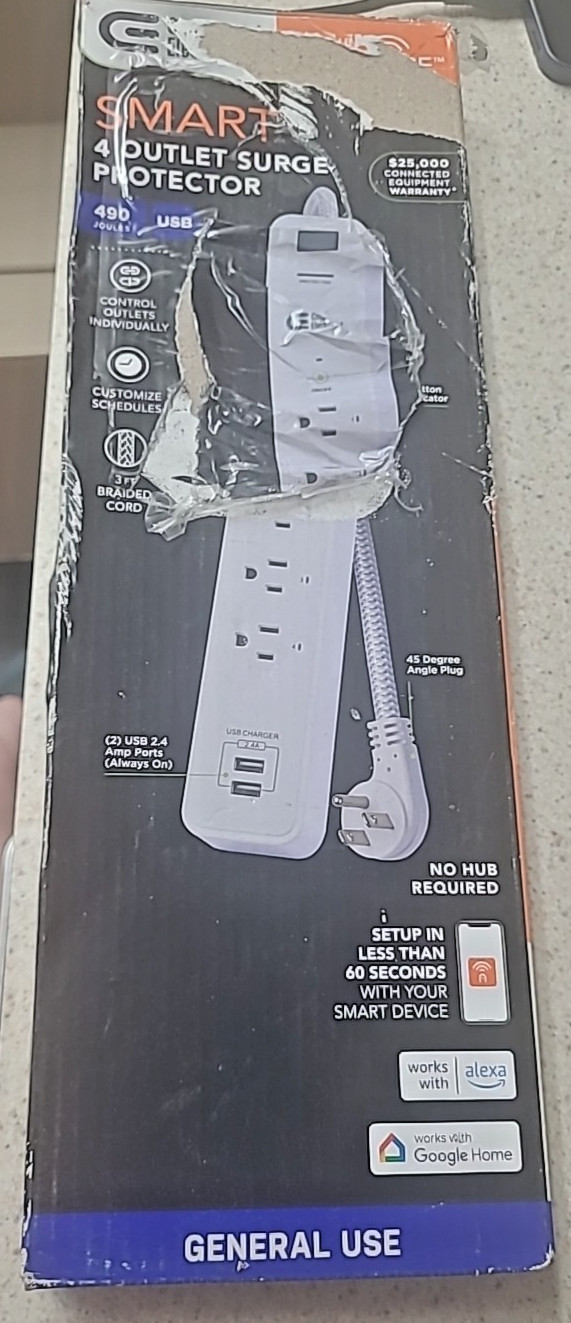 Commercial Electric 3 ft. 4-Outlet White Surge Protector Smart w USB Hubspace A1 gallery