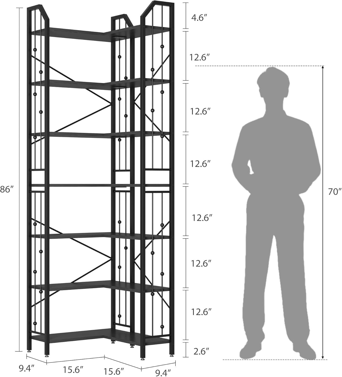 86" Industrial Corner Bookshelf - 7-Tier L-Shaped Metal & MDF Storage Shelf gallery