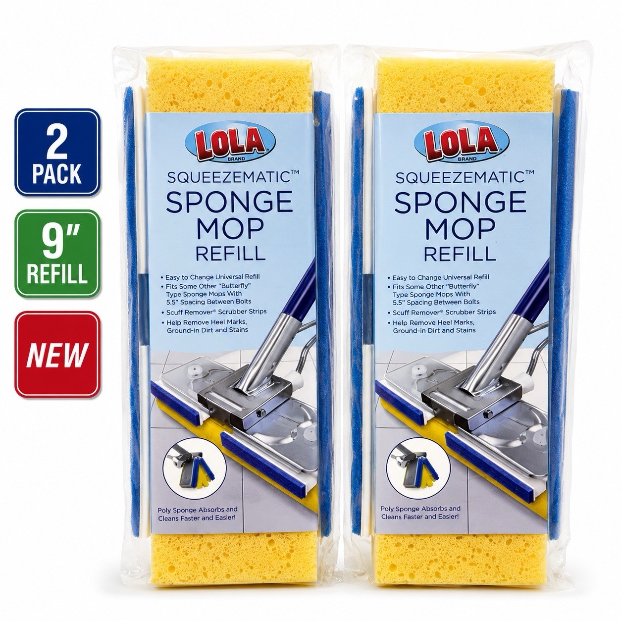 LOLA SqueezeMatic Butterfly Sponge Mop Refill 9" Super Absorbent Head - 2 Count gallery