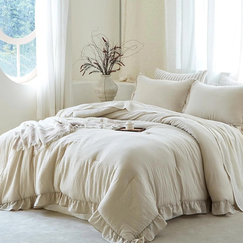 Beige Ruffle Comforter Set King, Pre-Washed Shabby Chic Bedding Set, Lightweight gallery