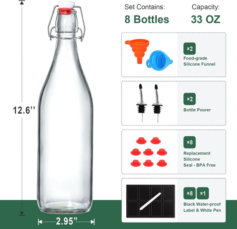8 Pack [1 Liter / 33 Fl. Oz.] Swing Top Glass Bottles W/ Airtight Stopper Lids – gallery