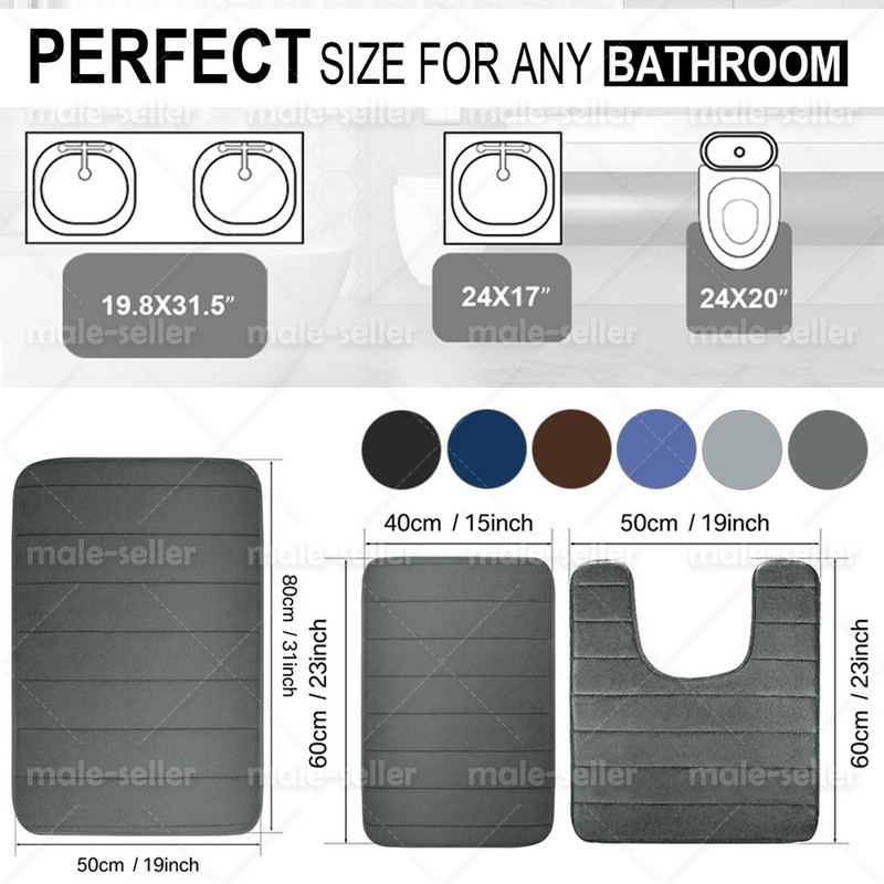 3PCS Solid Memory Foam Bathroom Bath Mat Contour Rug Set with Toilet Lid Cover gallery