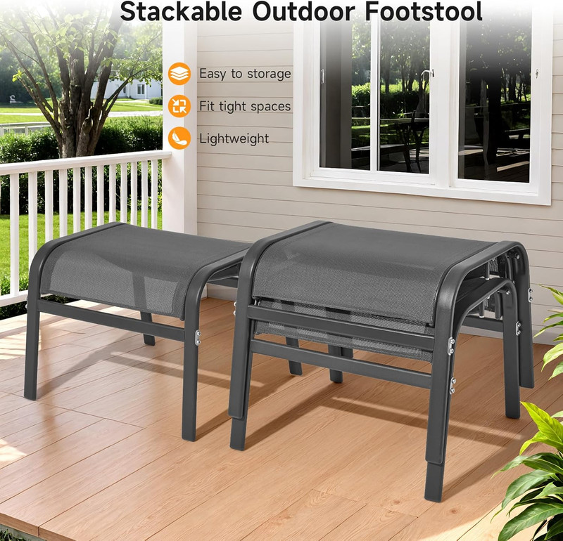 Stackable Outdoor Ottoman Set of 2 - All Weather Foot Stools, Grey gallery