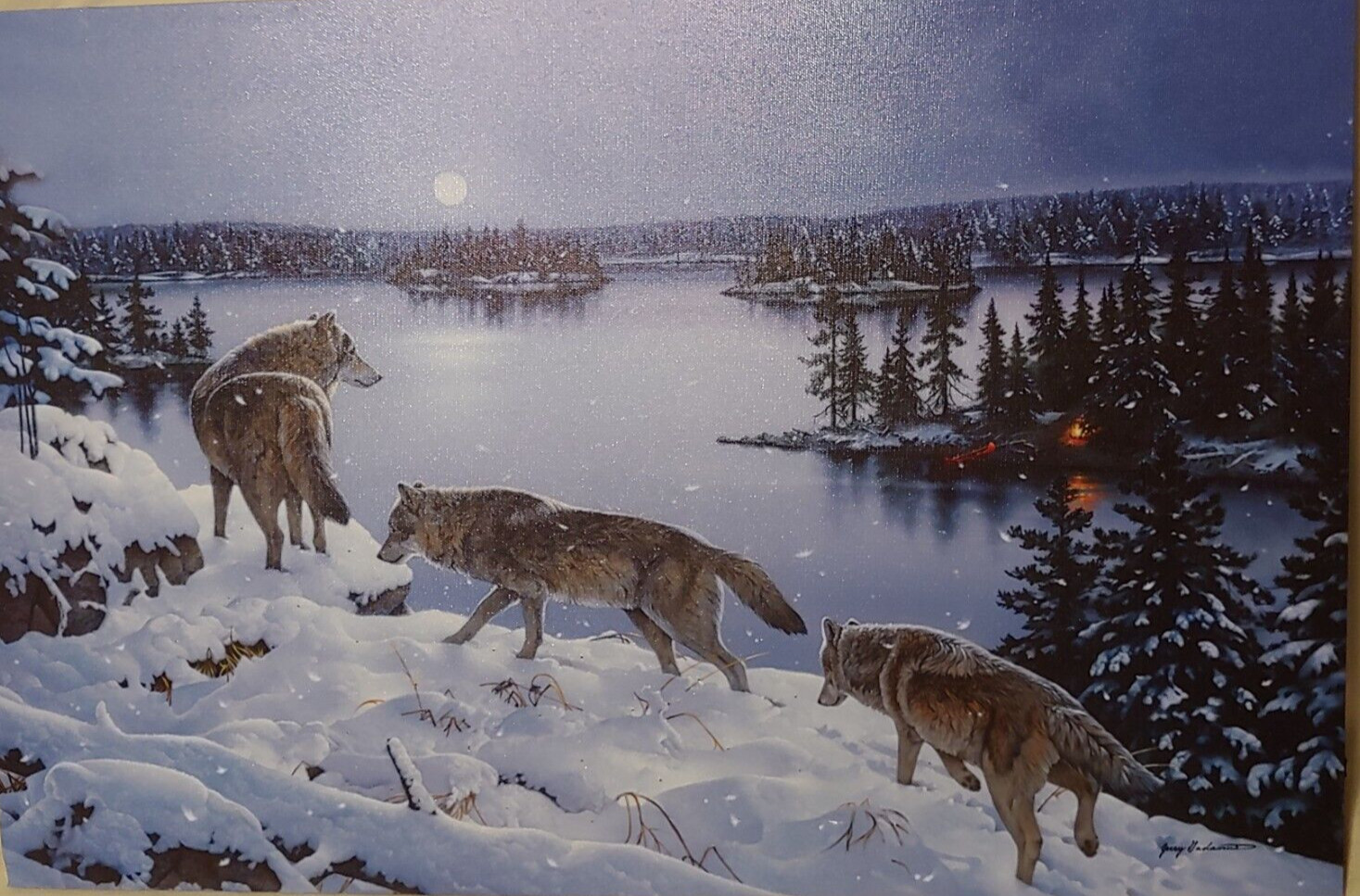 Snowy Night Wolves Rivers Edge Products LED Canvas Art, 24 by 16 in gallery
