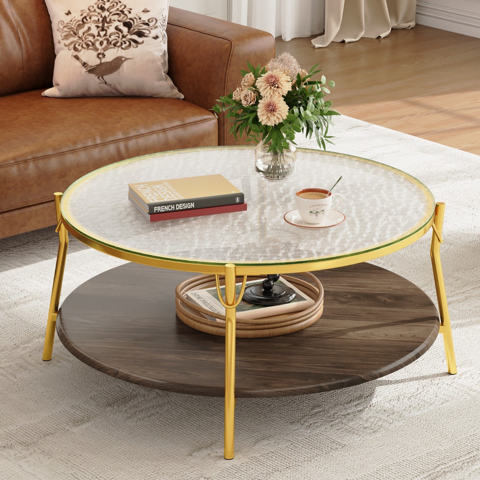 Modern 2Tier Walnut Round Coffee Table Glass Top Center Table With Storage Shelf gallery