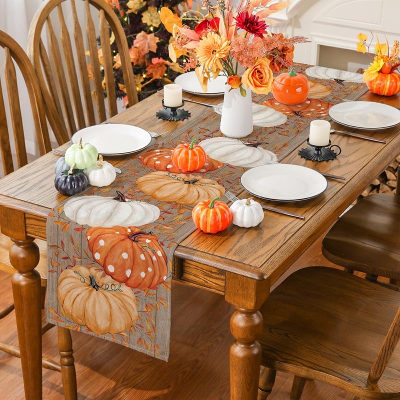 Fall Table Runner Wood Eucalyptus Orange Pumpkin Seasonal Autumn 13x48 Inch gallery