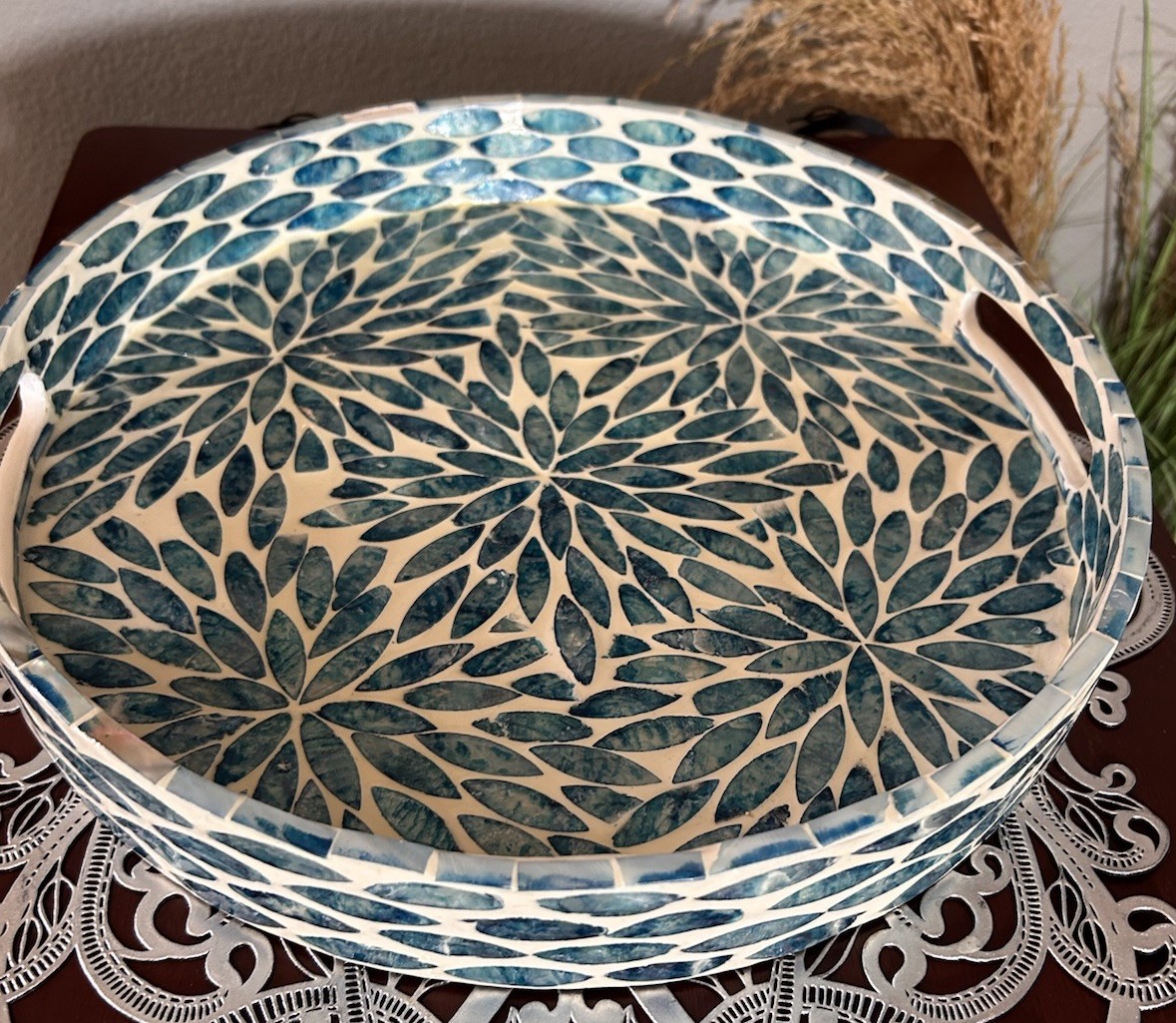 Blue Capiz Shell Mosaic Serving Tray Round Decorative Coastal Beach House 12” gallery