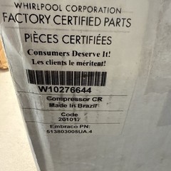 Whirlpool Embraco OEM Refrigerator Compressor Kit W10276644