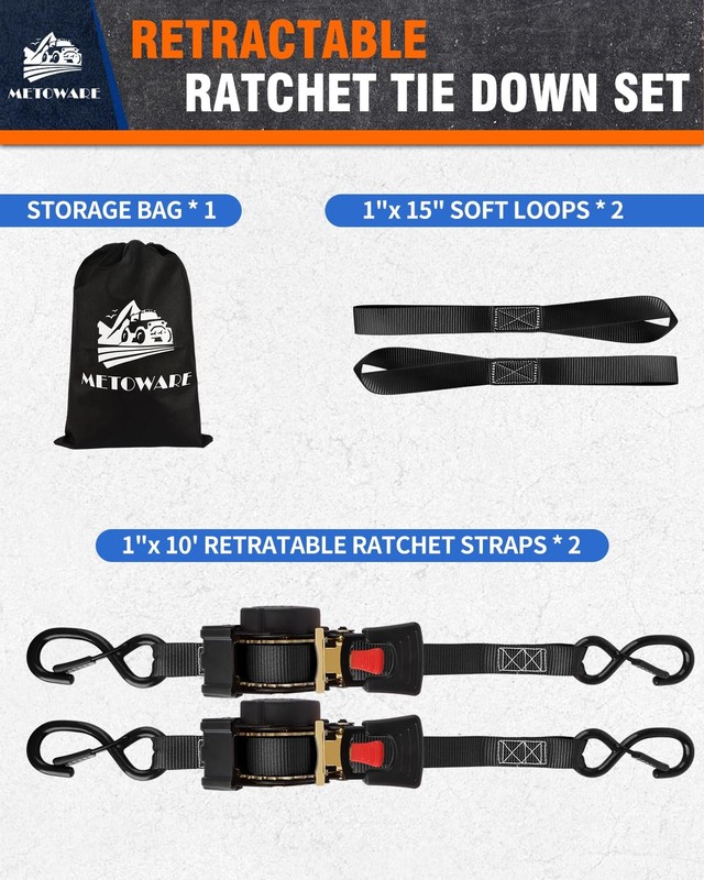 Retractable Ratchet Straps (2-Pack) - 1 in x 10 Ft (1500lb Break Strength) - ... gallery