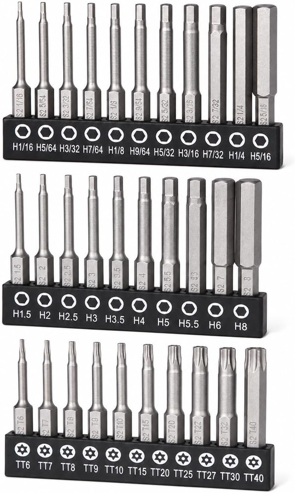 33pc Hex Head Allen Wrench Drill Bit Set SAE Metric & Security Torx S2 Steel