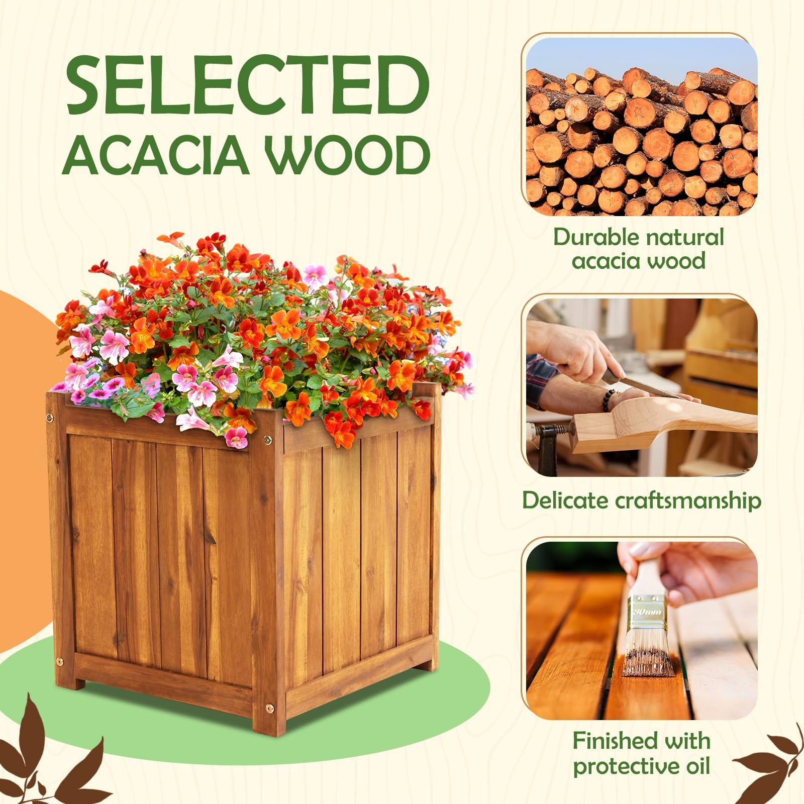 Hardwood Outdoor Flower Box, Durable Acacia Wood Flower Boxes for Outdoor Pla... gallery