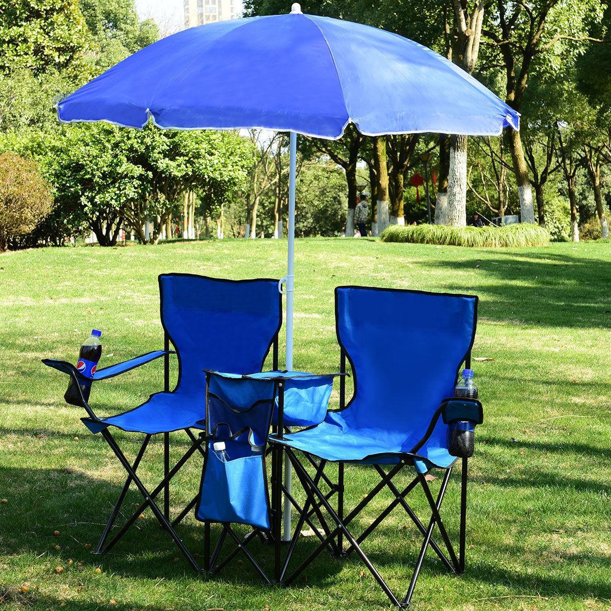 Foldable Picnic Beach Camping Double Chair+Umbrella Table Cooler Fishing Fold Up gallery