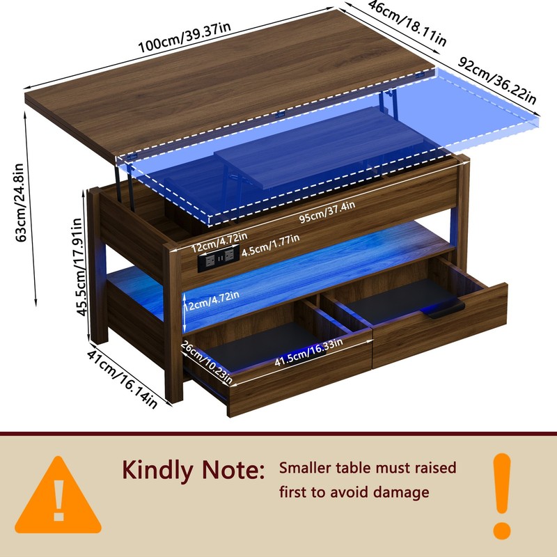 LED Walnut Lift Top Multi-Function Coffee Table with 2 Drawers &Charging Station gallery
