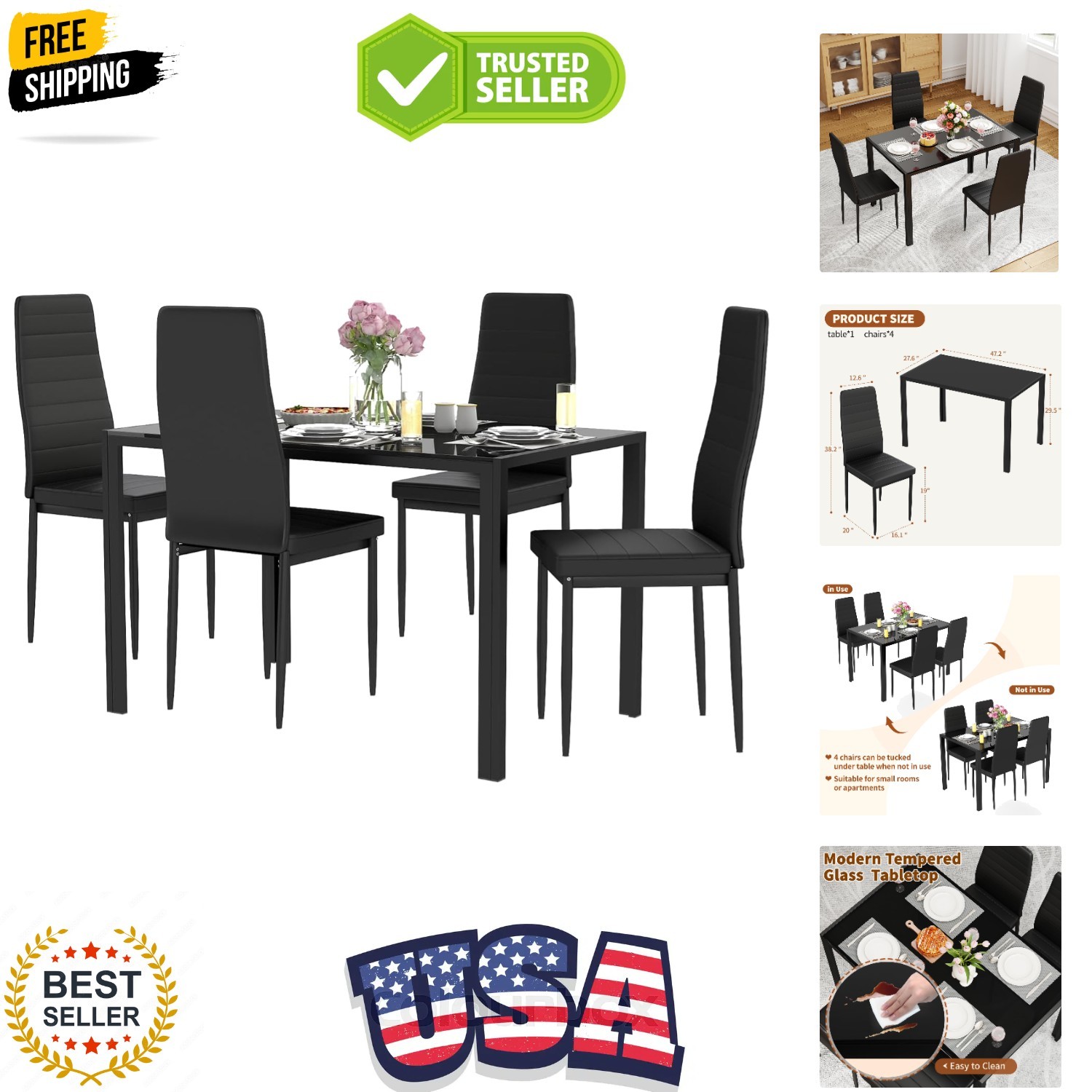 Dining Table Set for 4 | 5-Piece Glass Black Dining Table | Kitchen Table wit... gallery