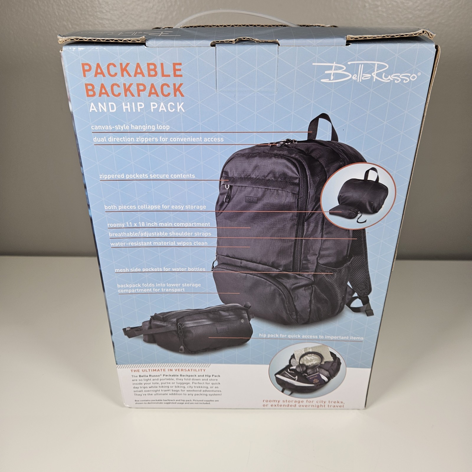 Bella Russo Packable Backpack And Hip Pack New Black Water Resistant Lightweight 3