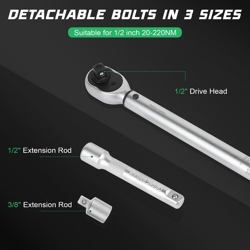 1/2" Drive Click Torque Wrench Snap Socket Ratcheting 14.76-162.36FT-LB/20-220NM gallery