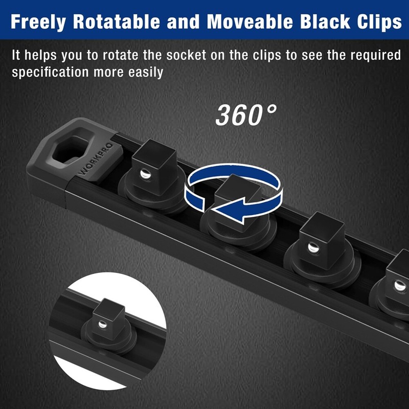 WORKPRO Magnetic Socket Organizer 3/8" Drive Aluminum Alloy Socket Rail 10 Clips gallery