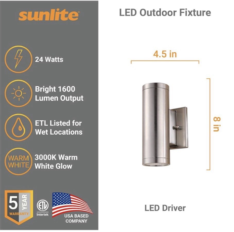 Sunlite 49069-SU 2-Light 8 in. LED Outdoor Up & Down Wall Sconce, Brushed Nickel gallery