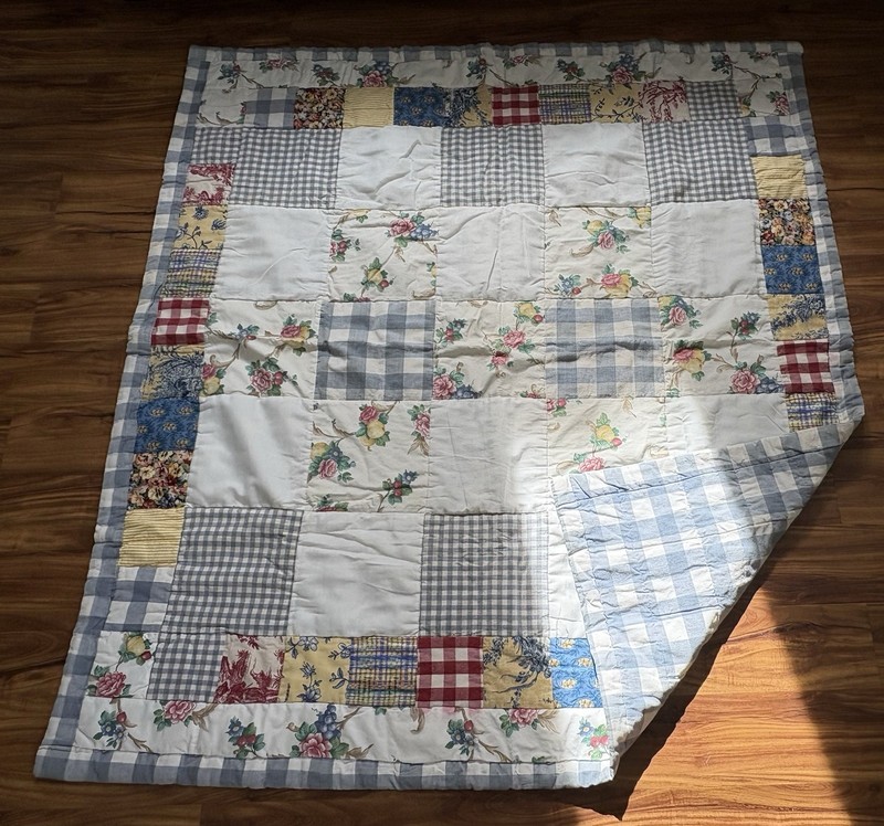 Vintage Handmade Machine Stitched Heavy Floral & Gingham Block Quilt 66x62” gallery