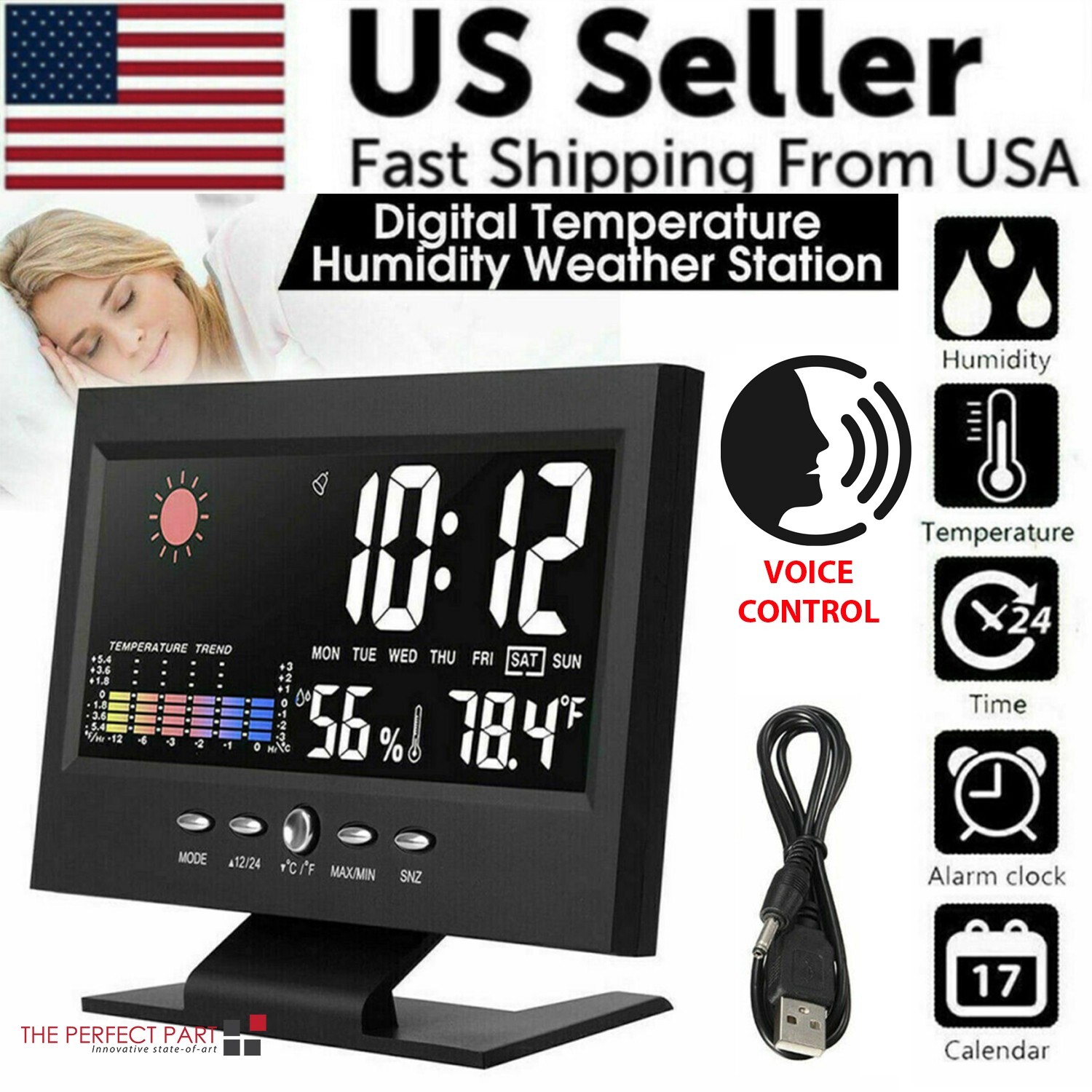 LED Digital Alarm Clock Snooze Calendar Thermometer Hygrometer Weather Display gallery