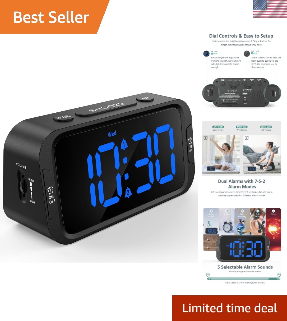 Digital Alarm Clock with Dual Alarms USB Charger Dimmer Snooze 12 24H gallery
