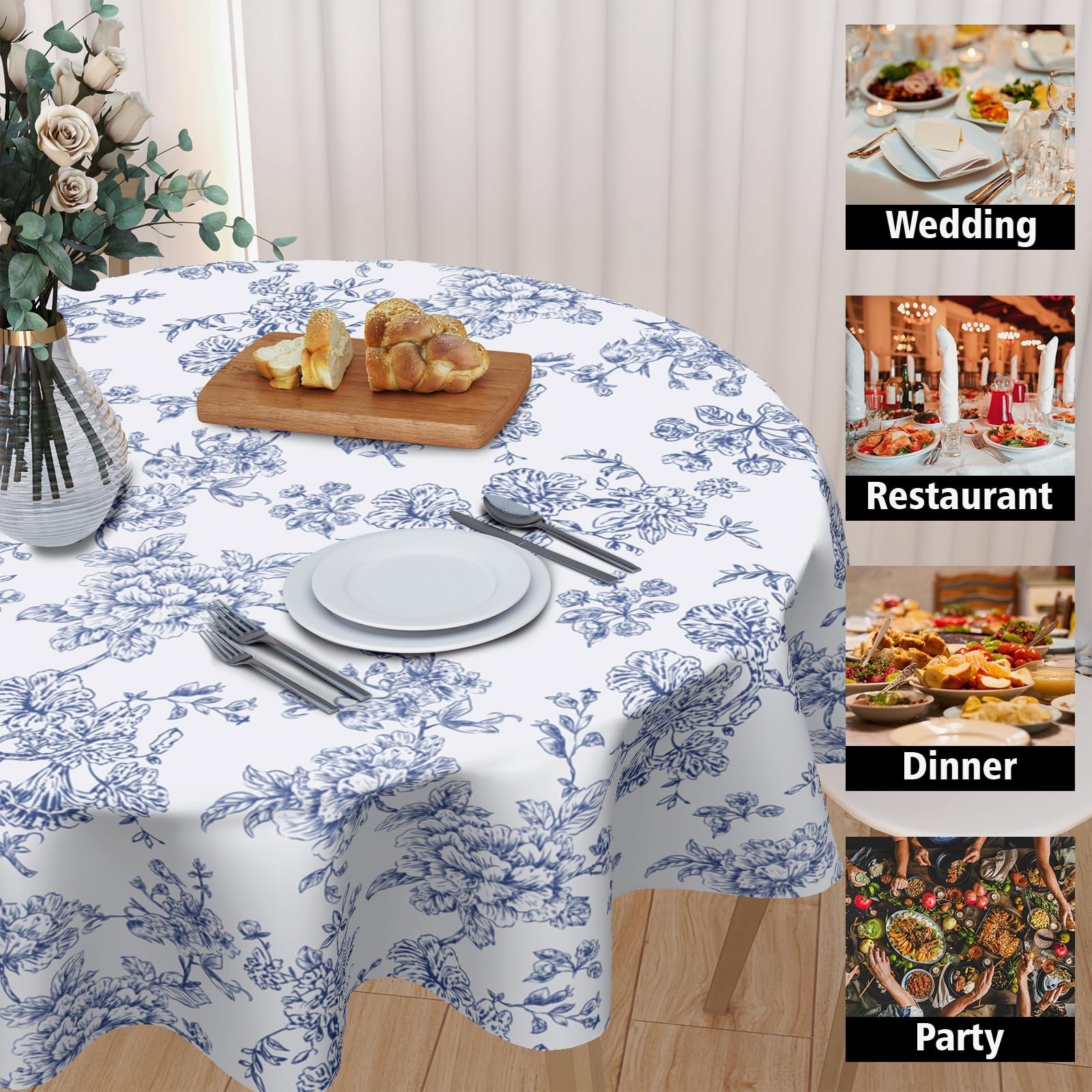 Floral Round Tablecloth 60" Blue & White Vintage Rustic Farmhouse Decor - Party gallery