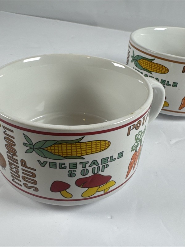 (2) Bowl Soup Chili Vegetable Chicken Tomato Cereal Ceramic Words Vintage gallery