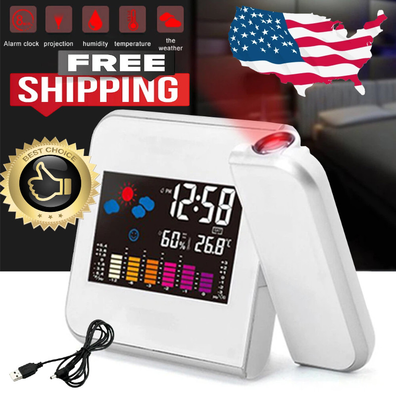 LED Projection Alarm Clock Digital Clock Projector Temperature Display Snooze US