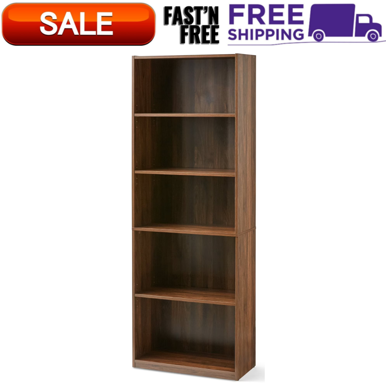 5-Shelf Mainstays Wood Bookcase with Adjustable Shelves, 71" Tall, Canyon Walnut gallery
