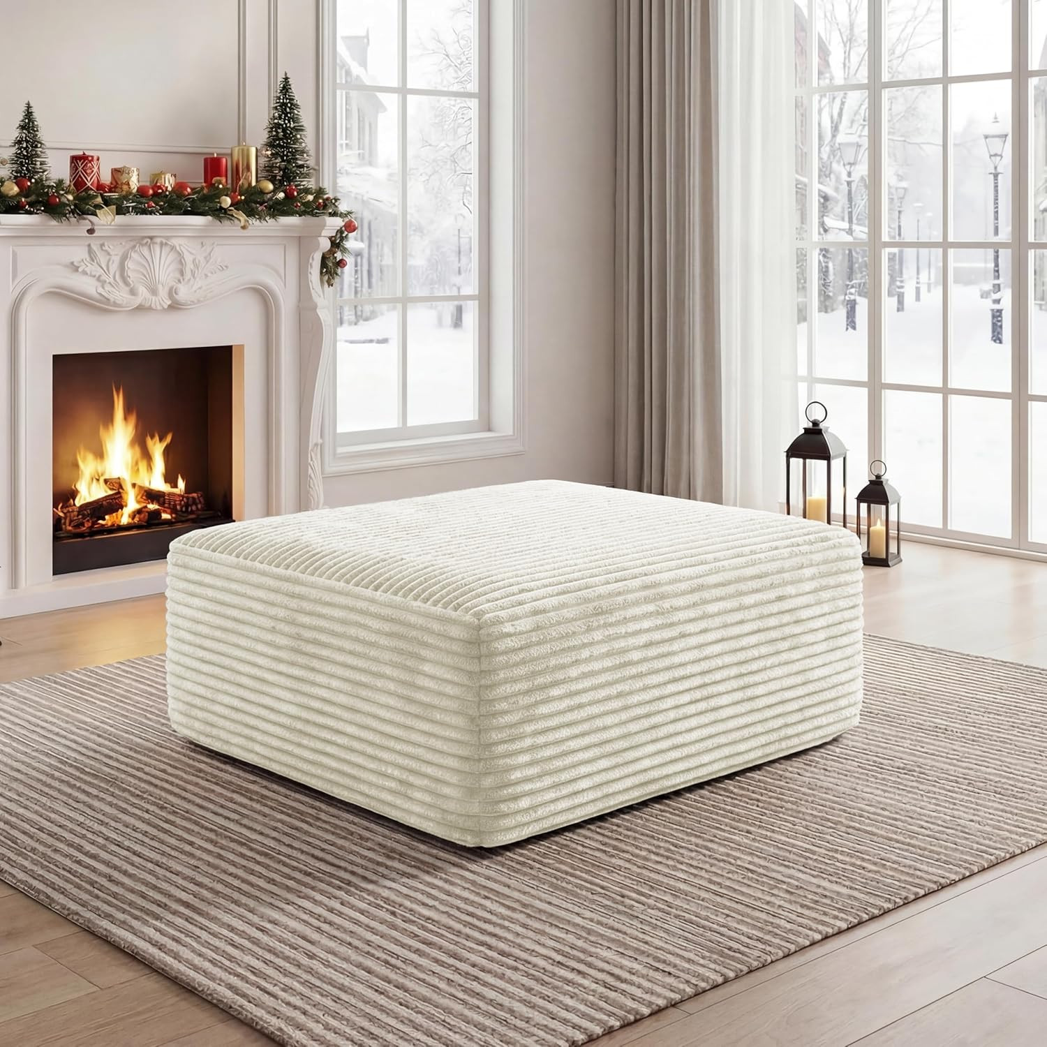 Beige Corduroy Ottoman - Modern Foam Foot Rest for Living Room & Bedroom gallery