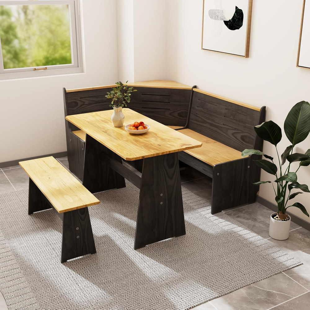 Solid Wood Corner Dining Table Set L Shape Bench Kitchen Nook 4-6