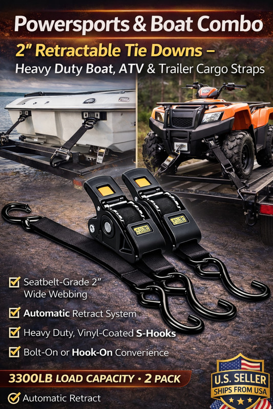 (2) Retractable Tie Down Straps – Heavy Duty 2" Wide for Boat, Trailer & Cargo gallery