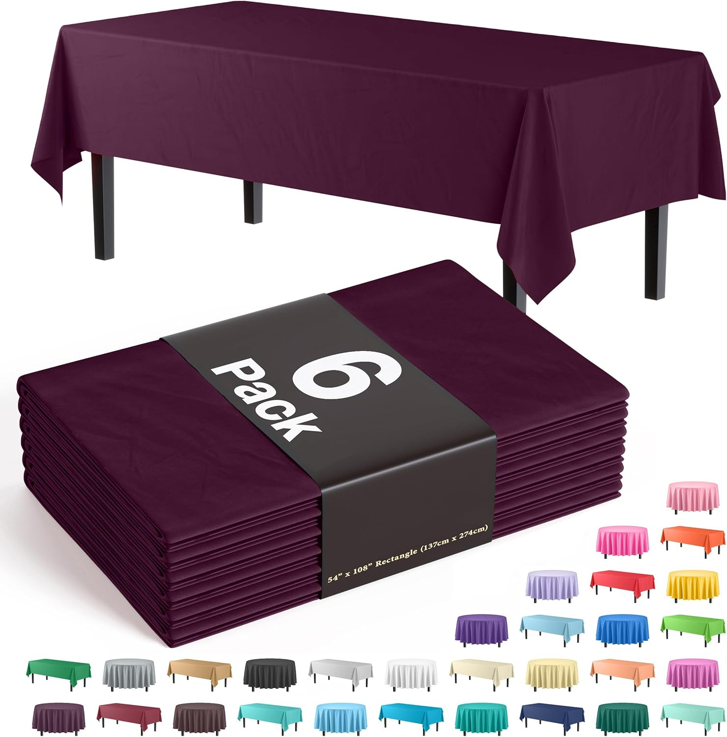Party Solids 6-Pack Premium Plastic Tablecloth 54in. x 108in. Rectangle Plastic gallery