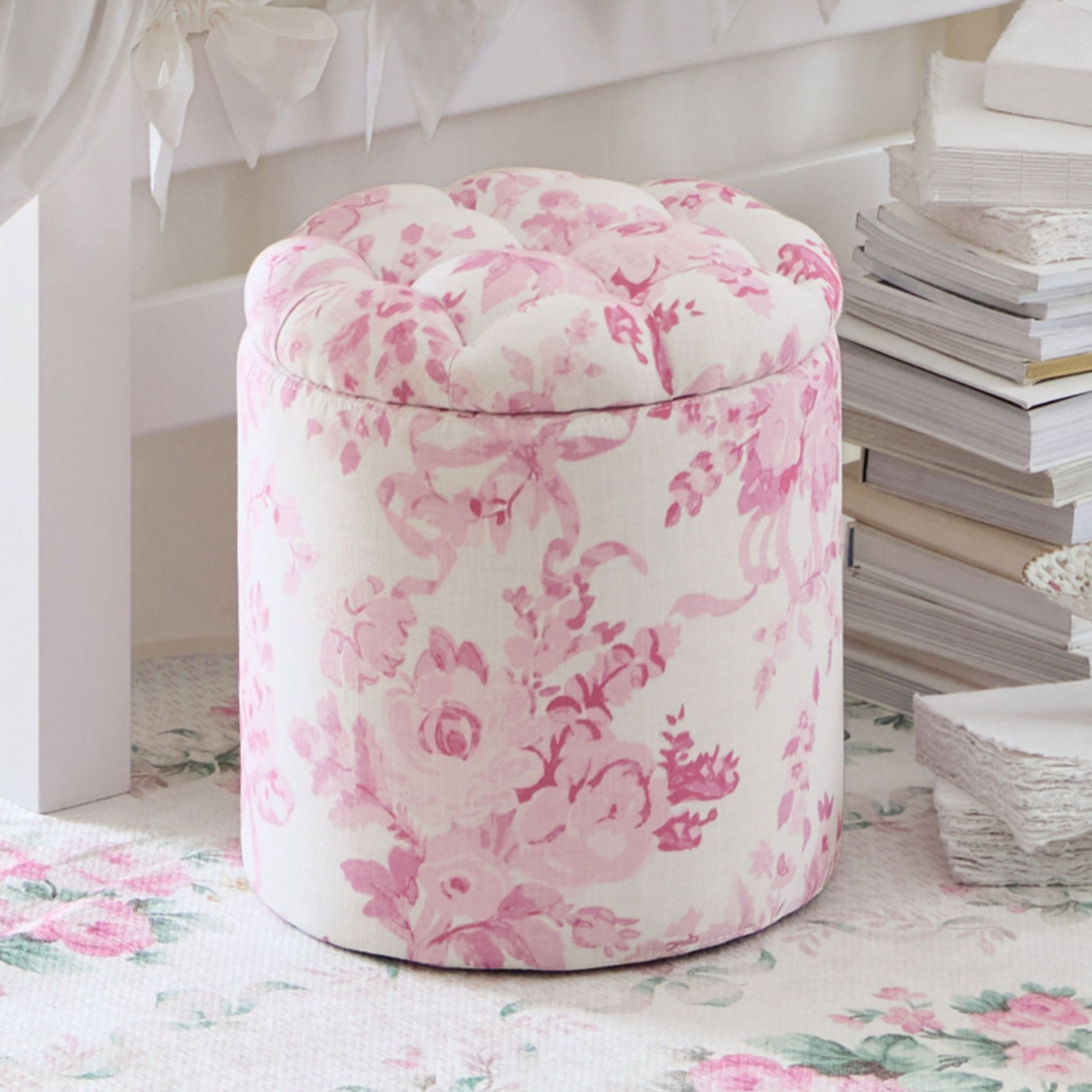 LoveShackFancy Garden Damask Pink Tufted Round Storage Ottoman Pink gallery